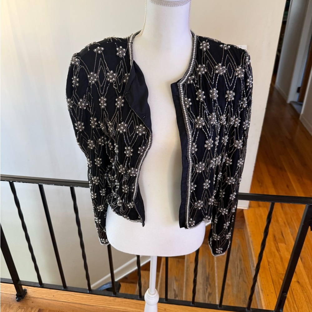 Vintage Laurence Kazar Black Beaded Cropped Jacket